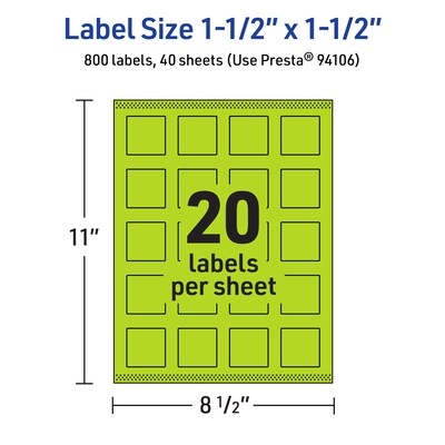 Avery Laser/Inkjet Multipurpose Square Labels, 1.5" x 1.5", Bright Green, 800/Pack (94106)