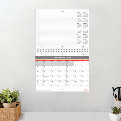 2027 Staples 11" x 8.5" Monthly Wall Calendar, White/Red/Gray (ST53915-27)