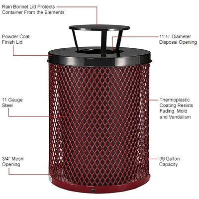 Global Industrial Outdoor Diamond Steel Trash Can w/ Rain Bonnet Lid, 36 Gallon, Red (261926RD)