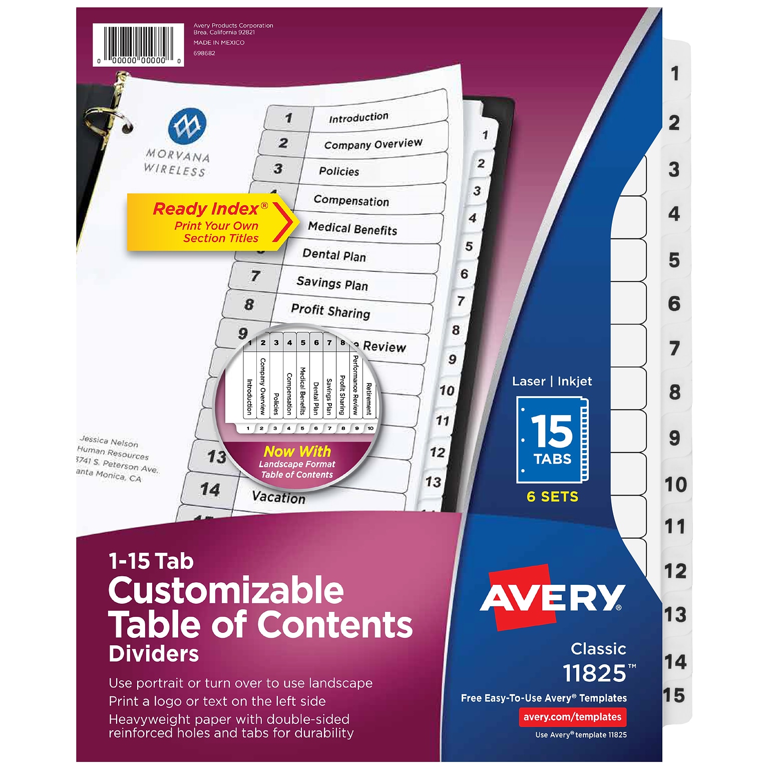 Avery Ready Index Table of Contents Paper Dividers, 1-15 Tabs, White, 6 Sets/Pack (11825)