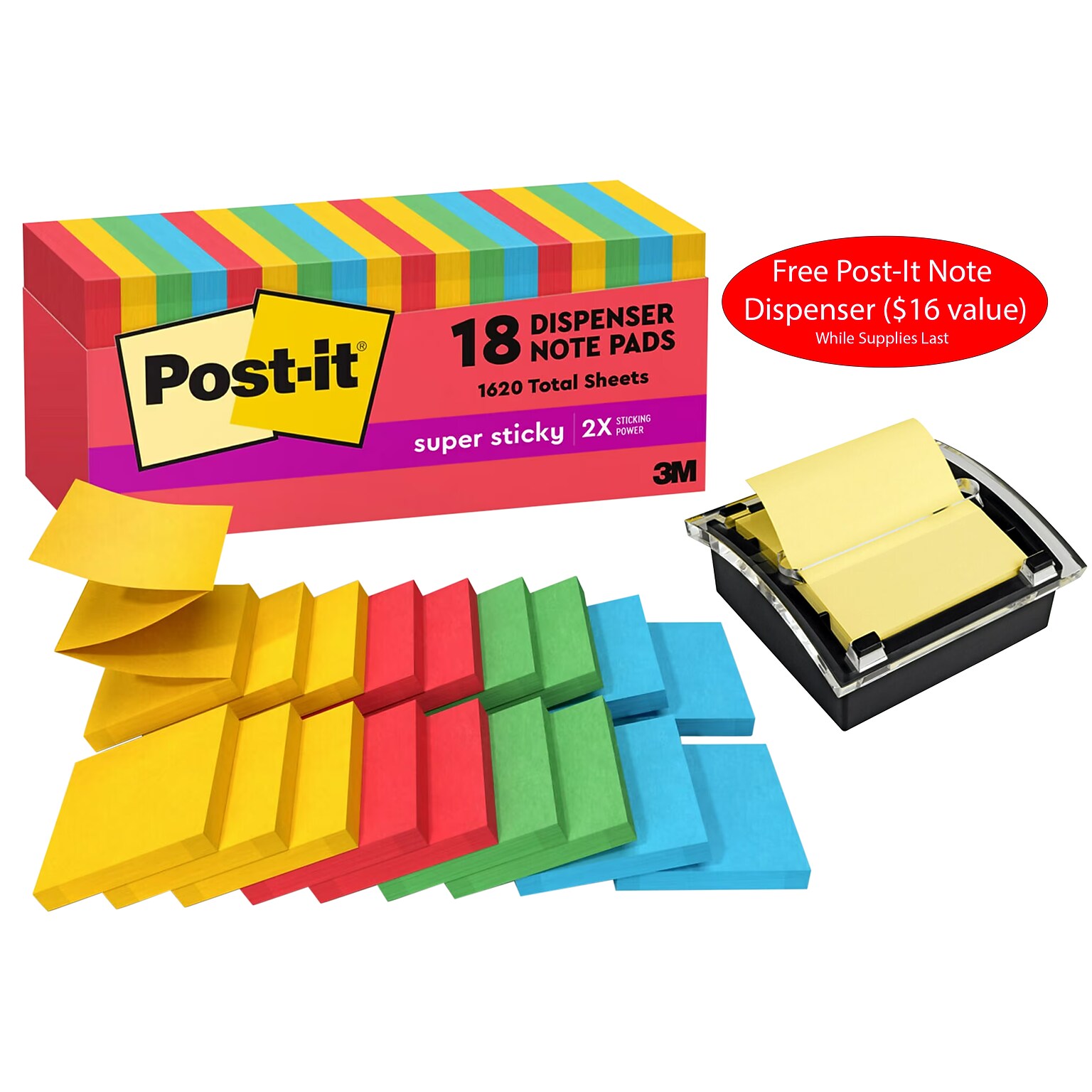 Free Post-It Note Dispenser ($16 value) w/Purchase, 3 x 3 Pop Up Super Sticky Notes, Playful 90 Sheets/Pad, 18 Pads/Pack