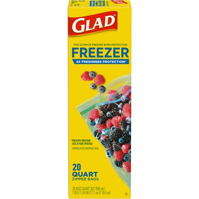Glad Zipper Freezer Storage Bags, Quart, 20 Bags/Box (57035)