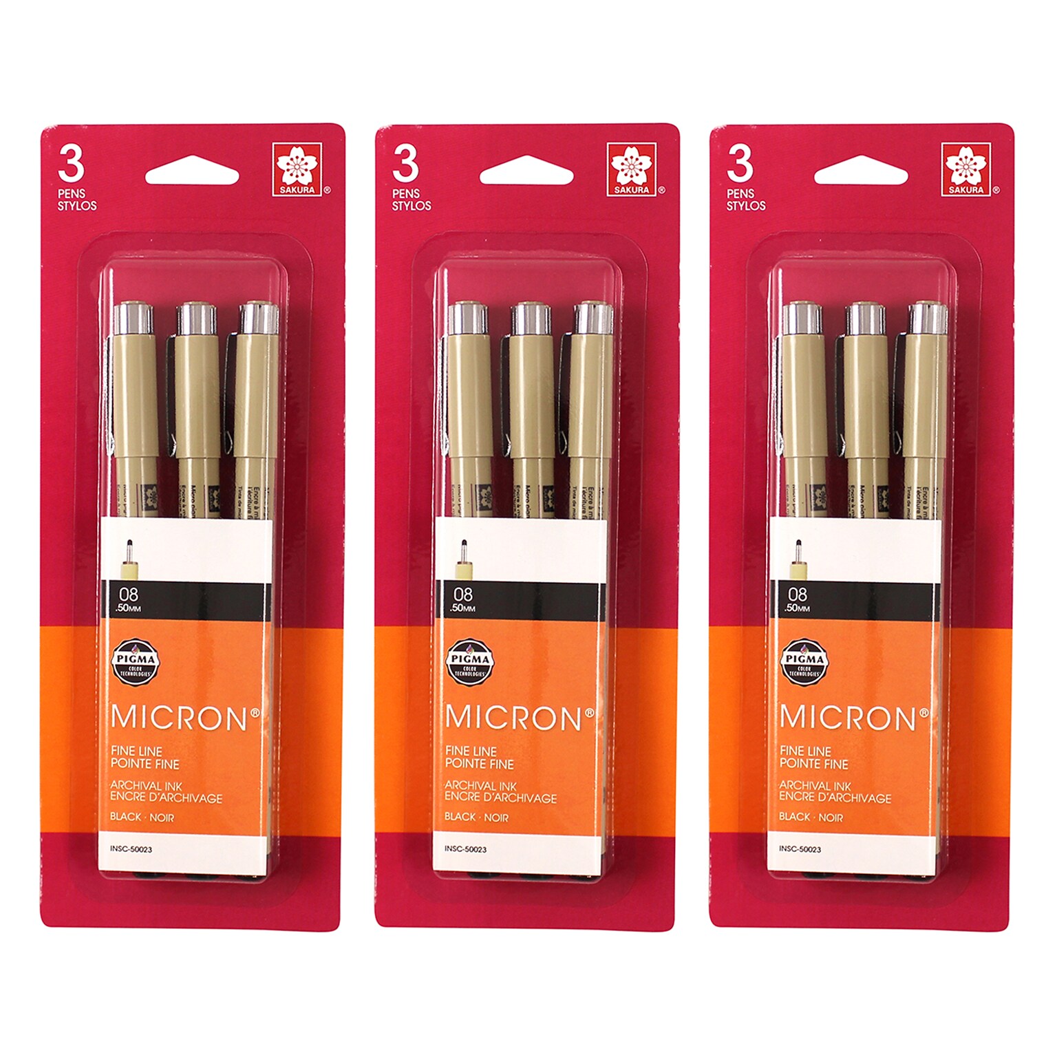Sakura Pigma Micron Pen, Fineliner, Black Ink, 3/Bundle (SAK50023-3)