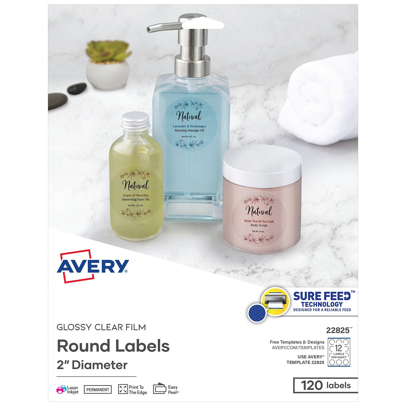 Avery Print-to-the-Edge Laser/Inkjet Round Labels, 2 Dia, Glossy Clear, 120 Labels/Pack (22825)
