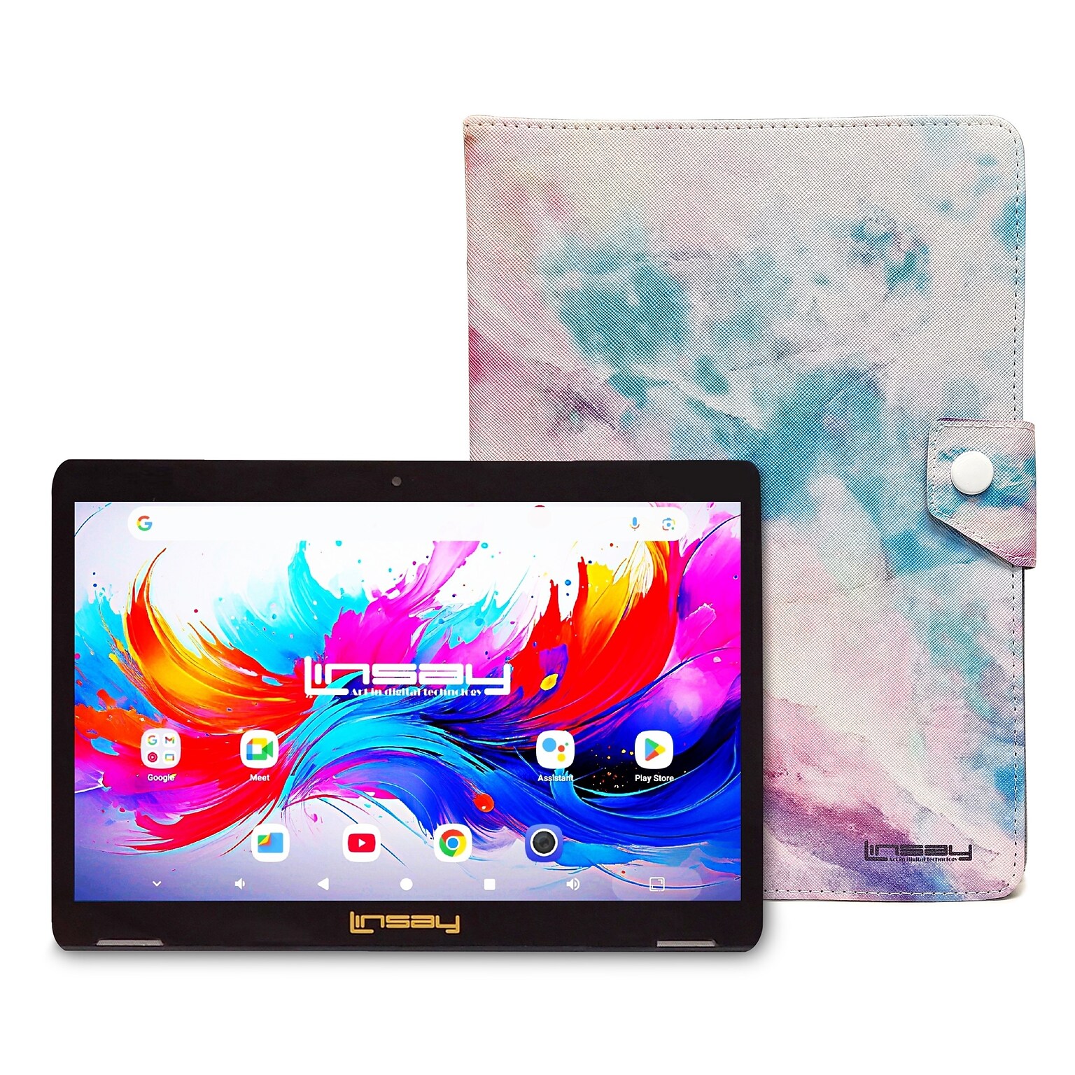 LINSAY F10 Series 10.1 Tablet, Wi-Fi, Octa Core, 256GB eMMC, Android 15, Pink Marble Case (F10IPGCMPIPLUS)
