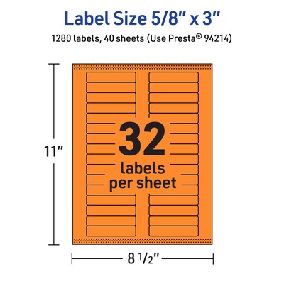 Avery Laser/Inkjet Multipurpose Rectangle Labels, 5/8" x 3", Bright Orange, 1280/Pack (94214)