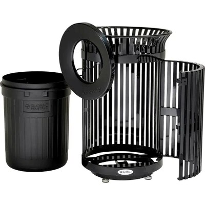 Global Industrial Outdoor Heavy-Duty Slatted Steel Trash Can w/ Door, 36 Gal., Black (641630BK)