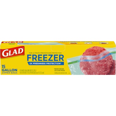 Glad Zipper Freezer Storage Bags, Gallon, 15 Bags/Box (57034)