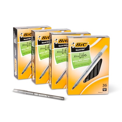BIC Round Stic Xtra Life Ballpoint Pen, Medium Point, 1.0mm, Black Ink, 144/Pack (GSM144AZ-BLK)