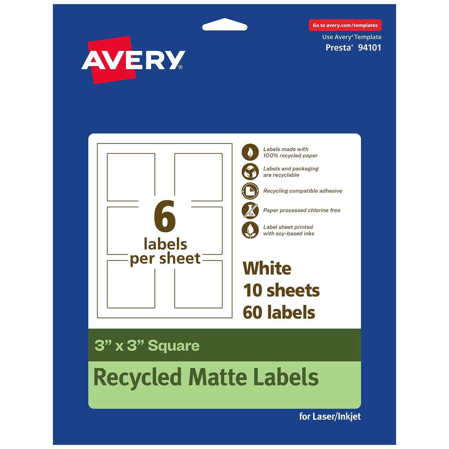 Avery EcoFriendly Laser/Inkjet Multipurpose Labels, 3 x 3, White, 60/Pack (94101)