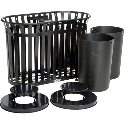 Global Industrial Outdoor Slatted Steel Trash Can w/ Rain Bonnet Lid, 72 Gallon, Black (641432BK)