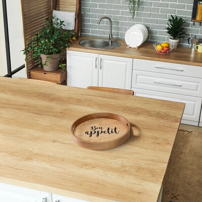 Elegant Designs "Bon Appetit" Decorative 13.75" Round Wood Serving Tray w/ Handles, Natural Wood (HG2013-NBA)