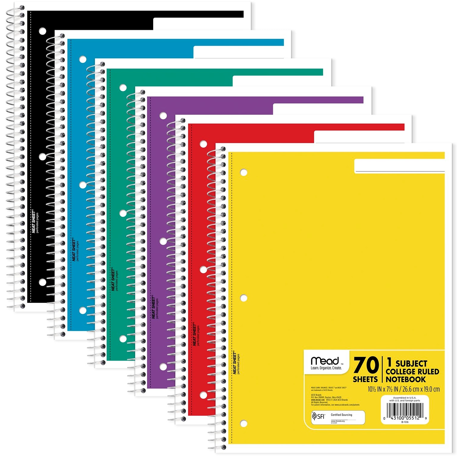 Mead 1-Subject Notebooks, 8 x 10.5, College Ruled, 70 Sheets, Assorted Colors (MEA05512)