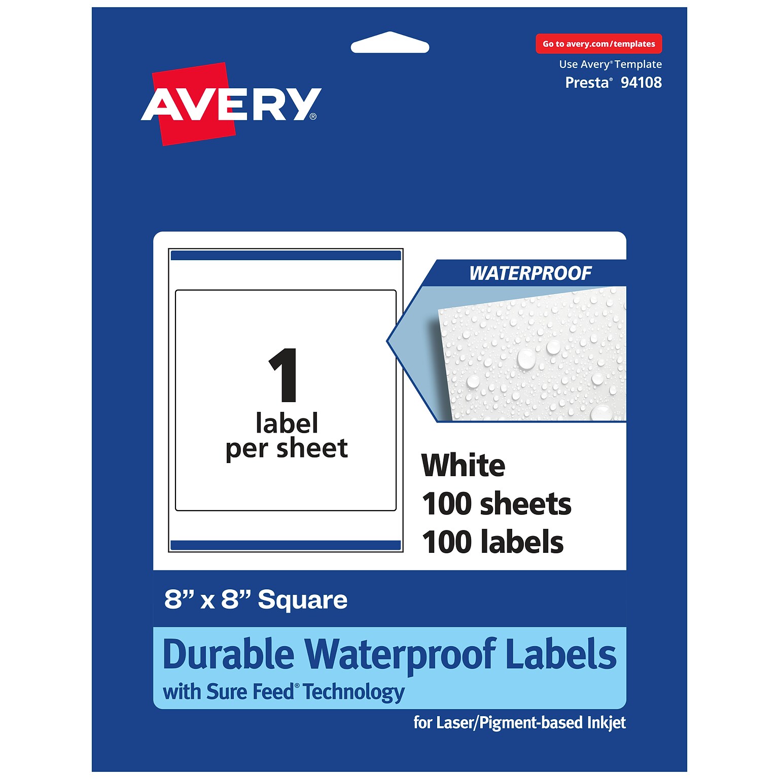 Avery Laser/Inkjet Waterproof Square Labels, 8 x 8, White, 100 Labels/Box (94108)