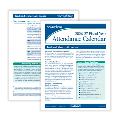 ComplyRight 2026-2027 Fiscal Year Attendance Calendar Cards, 50/Pack (A42005015)