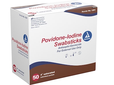 Dynarex 10% Povidone-Iodine Antiseptic Swab Sticks, 50/Pack, 5 Packs/Case (1201)