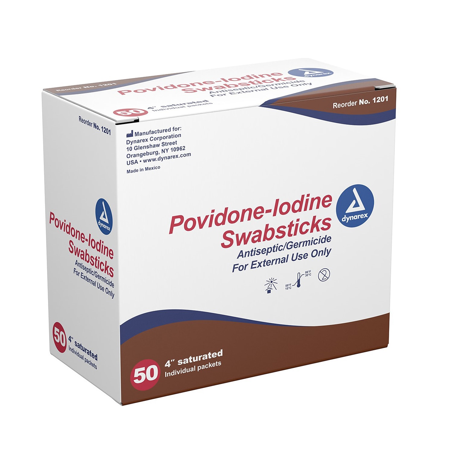 Dynarex 10% Povidone-Iodine Antiseptic Swab Sticks, 50/Pack, 5 Packs/Case (1201)