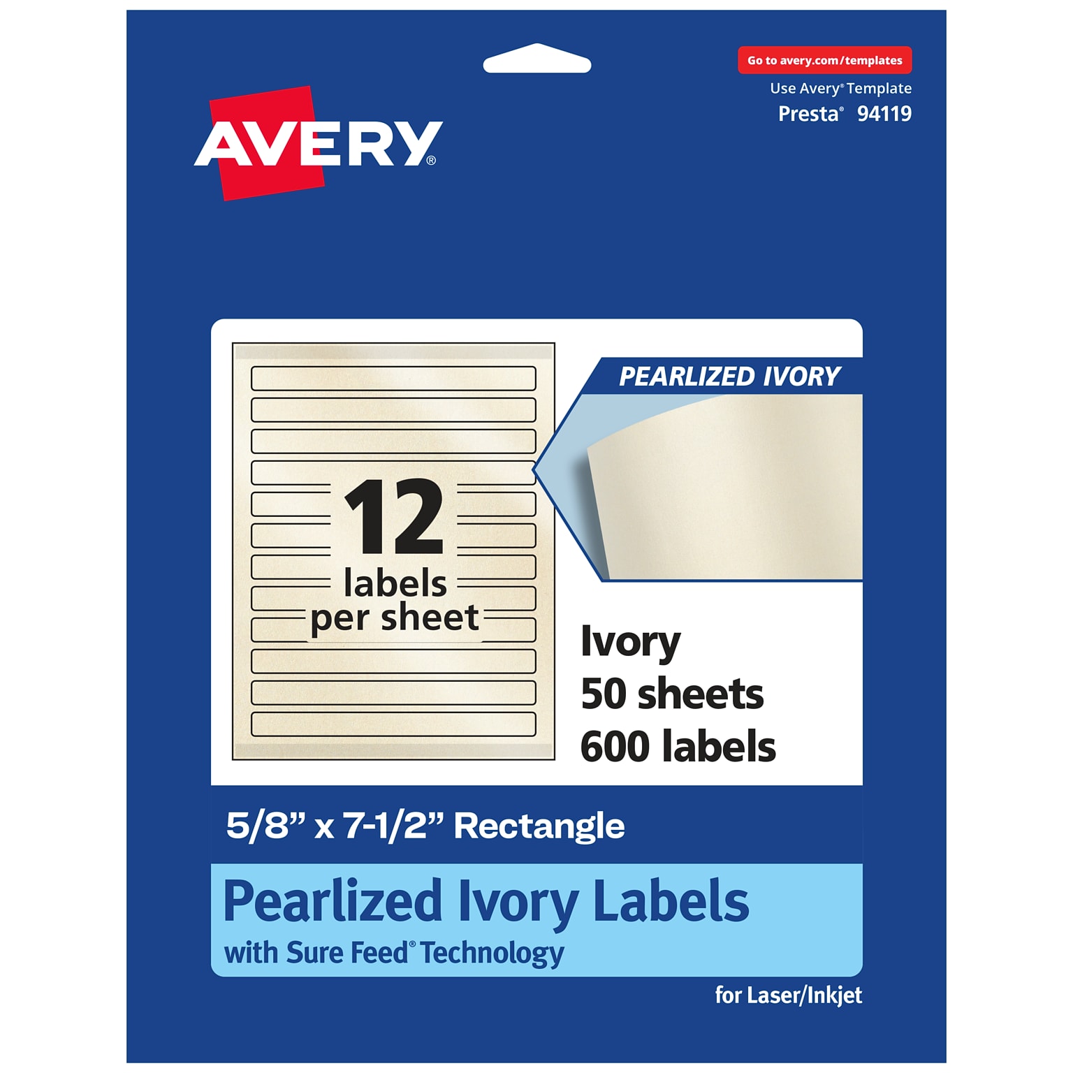 Avery Pearlized Ivory Rectangle Multipurpose Labels, 5/8 x 7-1/2, Ivory, 600/Box (94119)