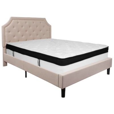 Flash Furniture Brighton Tufted Upholstered Platform Bed in Beige Fabric with Memory Foam Mattress,
