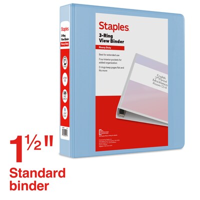 Staples Heavy Duty 1 1/2 3-Ring View Binder, D-Ring, Light Blue (ST63091)
