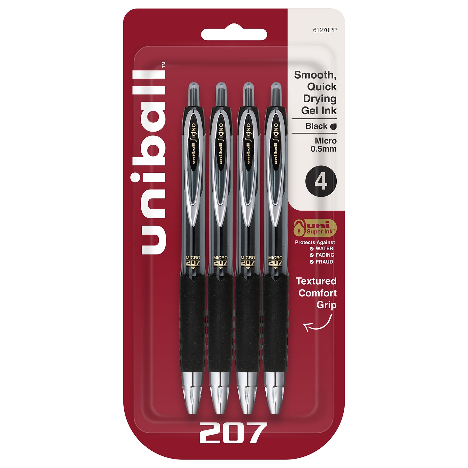 uni-ball 207 Retractable Gel Pens, Micro Point, Black Ink, 4/Pack (61270)