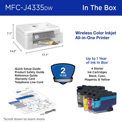 Brother INKvestment Tank MFC-J4335DW Wireless Color Inkjet Printer, All-In-One Supertank, Print, Scan, Copy, Fax
