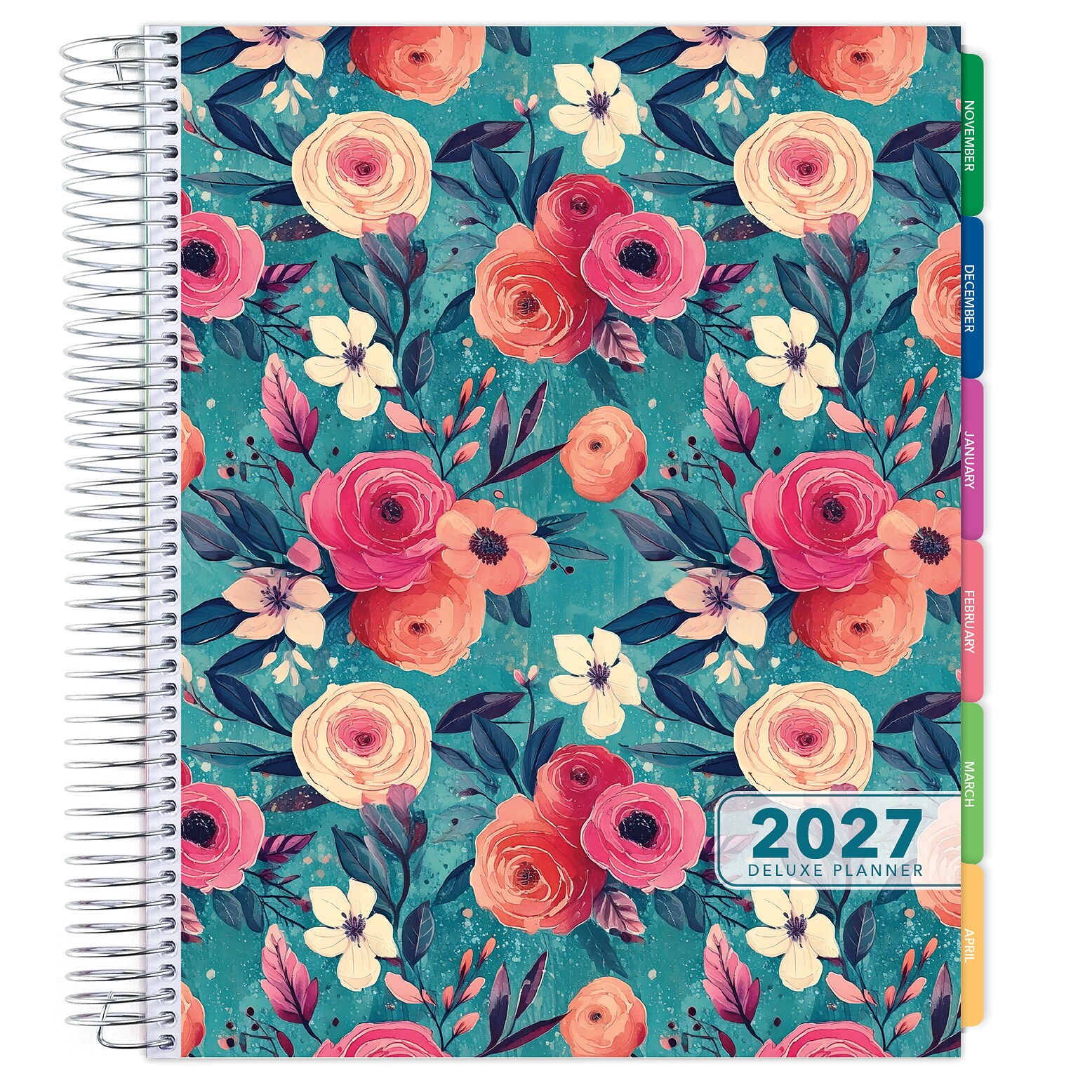 2027 Excello Brands 10.3 x 12.3 Weekly & Monthly Standard Planner, Paperboard Cover, Teal Floral (DLX-CY27-0017)