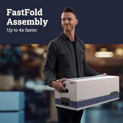 Bankers Box Stor/File Medium-Duty FastFold File Storage Boxes, String & Button, Legal Size, White/Blue, 12/Carton (00705)