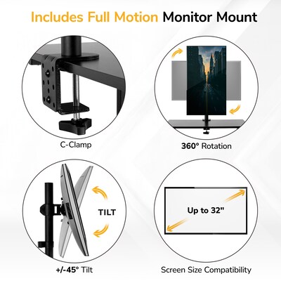 Mount-It! 28"W Adjustable Rolling Computer Work Station with Single Monitor Mount, Gray/Black (MI-7942)