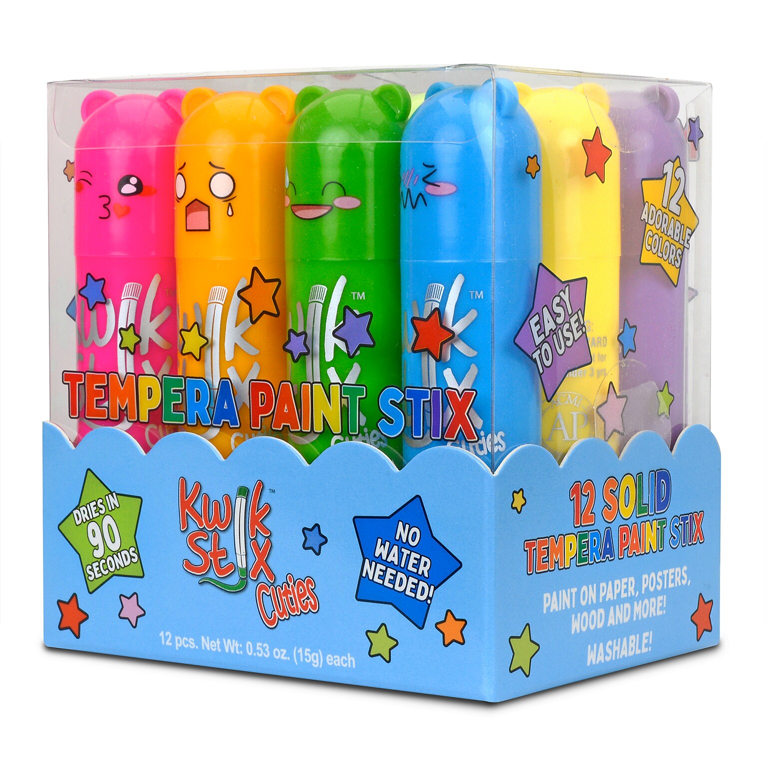 The Pencil Grip Kwik Stix Cuties Solid Tempera Paint, Assorted Colors, 12/Pack (TPG684)