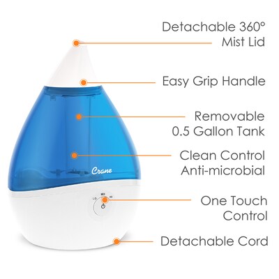 Crane Droplet Ultrasonic Cool Mist Tabletop Humidifier, 0.5-Gallon, Blue & White (EE-5302)