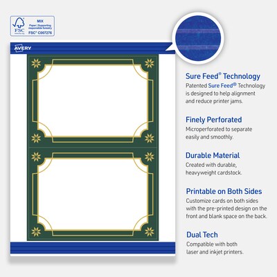 Avery Gold-Green Border General Use Blank Cards, White, 20/Pack (S00-FDG)