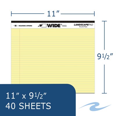 Roaring Spring Wide Notepad, 11" x 9.5", College Ruled, 20 lb. Heavyweight Paper, Yellow, 40 Sheets/Pad, 48 Pads/Case (74501CS)