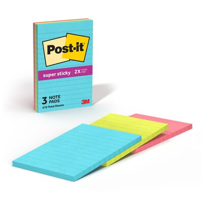 Post-it Super Sticky Notes, 4 x 6, Supernova Neons Collection, Lined, 90 Sheet/Pad, 3 Pads/Pack (660-3SSMIA)