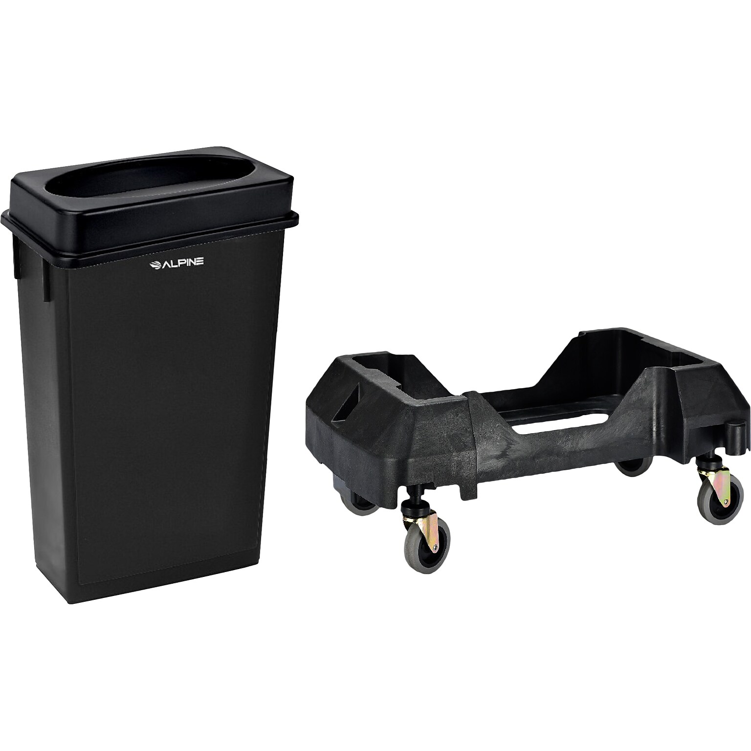 Alpine Plastic Trash Can with Dolly, 23-Gallon, Black (ALP477-BLK2-PKD)