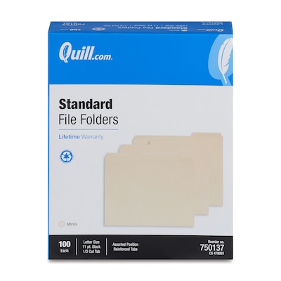 Quill Brand® 2-Ply File Folders, Assorted Tabs, 1/3-Cut , Letter Size, Manila, 100 BX (750137)