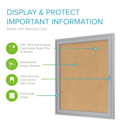 Ghent 1 Door Enclosed Natural Cork Bulletin Board, Satin Aluminum Frame, 36H x 30W, (GHEPA13630K)