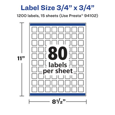 Avery Laser/Inkjet Multipurpose Square Labels, 0.75" x 0.75", White, 1200 Labels/Pack (94102)