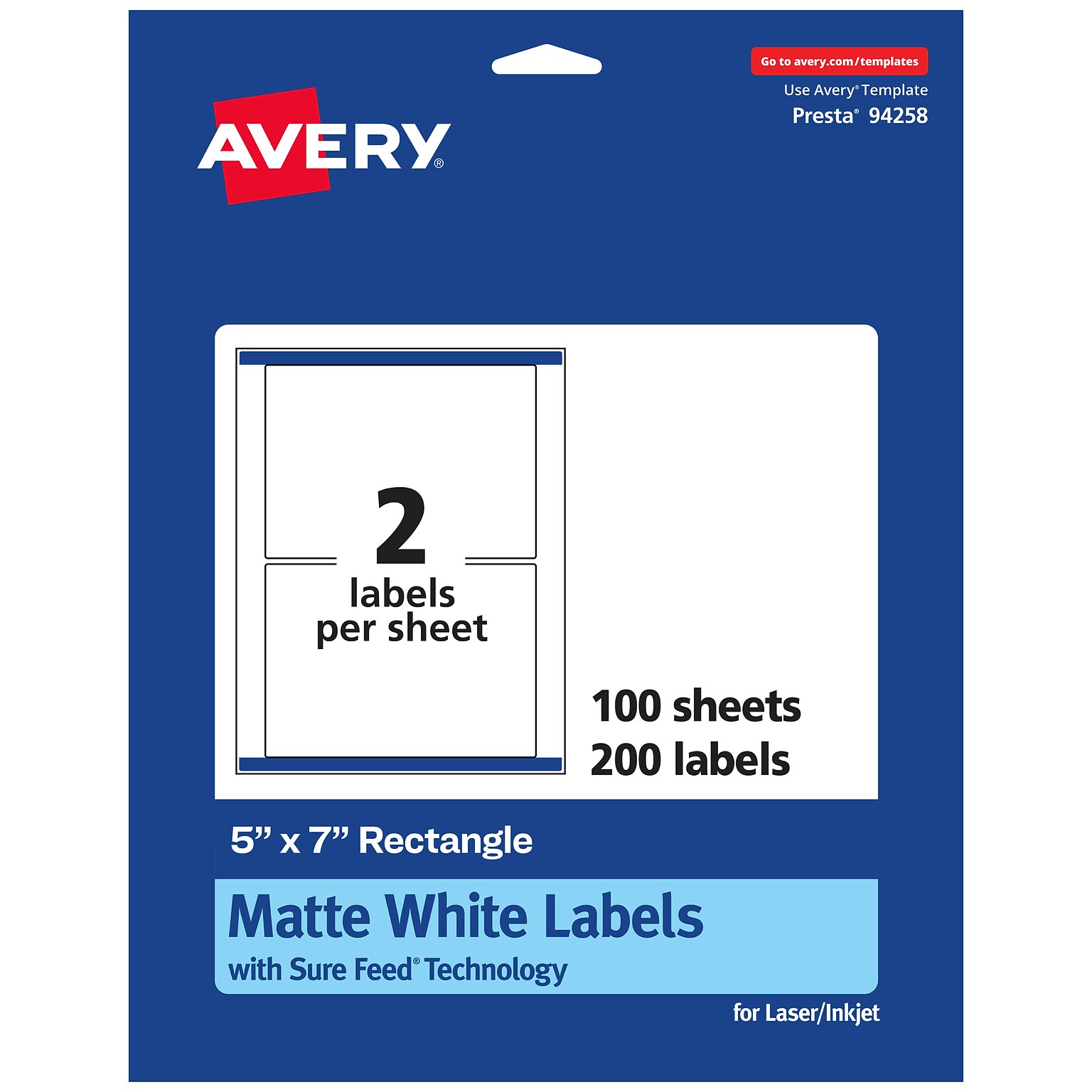 Avery Laser/Inkjet Rectangle Multipurpose Labels, 5 x 7, White, 200 Labels/Box (94258)