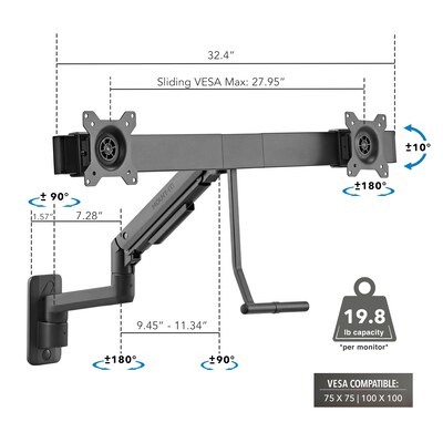 Mount-It! Adjustable Dual Monitor Wall Mount with Gas Spring Arm and Crossbar, Up to 32" Monitor, Black (MI-12010)