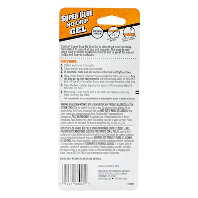 Gorilla No Drip Gel Super Glue, 0.53 oz., Clear (109804)