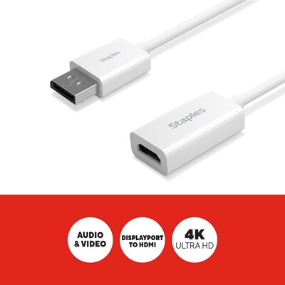 Staples TECH DisplayPort to HDMI Audio/Video Adapter, Male to Female, White (ST62362)