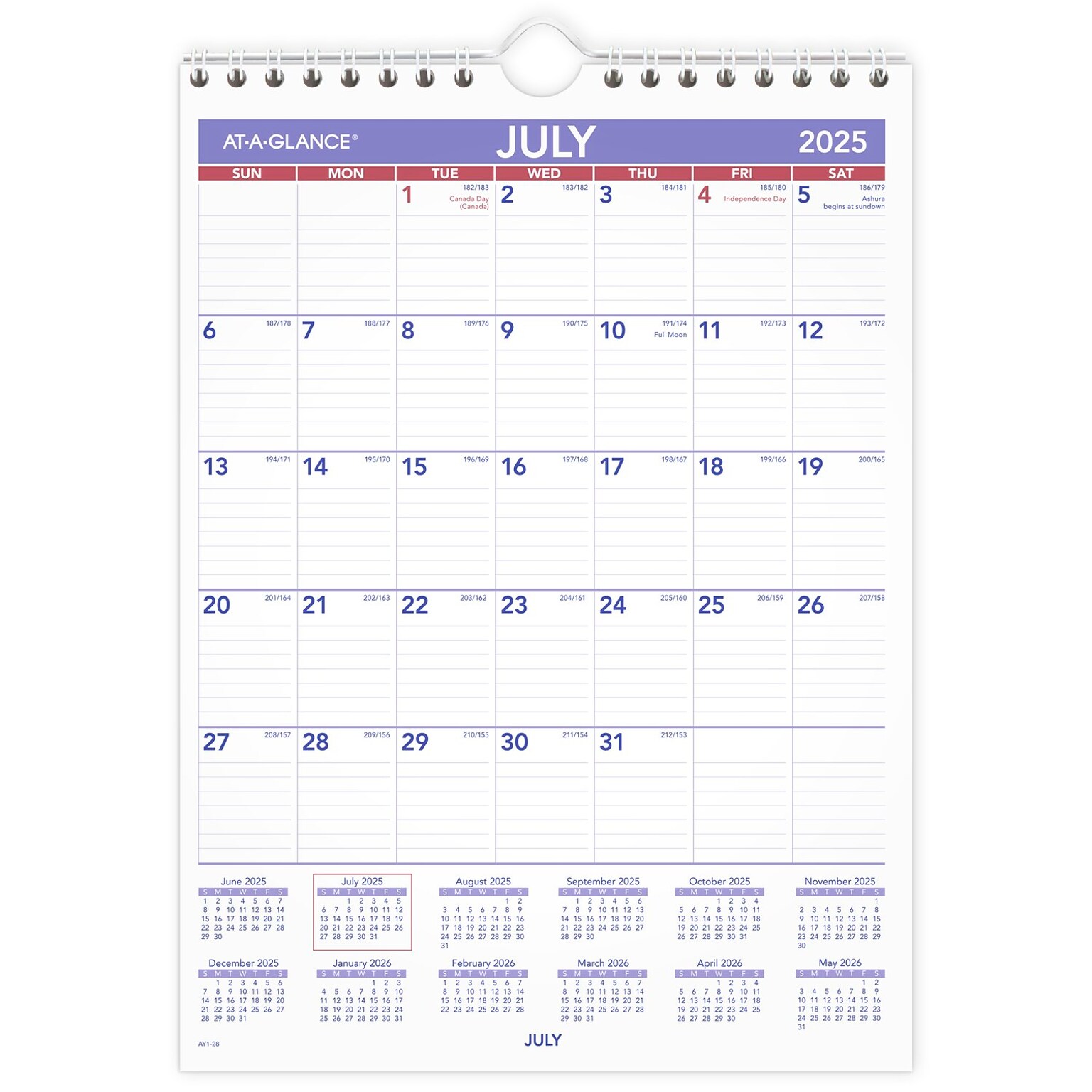 2025-2026 AT-A-GLANCE 8 x 11 Academic Monthly Wall Calendar, Purple/Red (AY1-28-26)