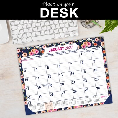 2026-2027 Excello Brands Large Print  22" x 17" Academic Monthly Desk Pad Calendar, Navy Floral (DP-AY26-2217-84)