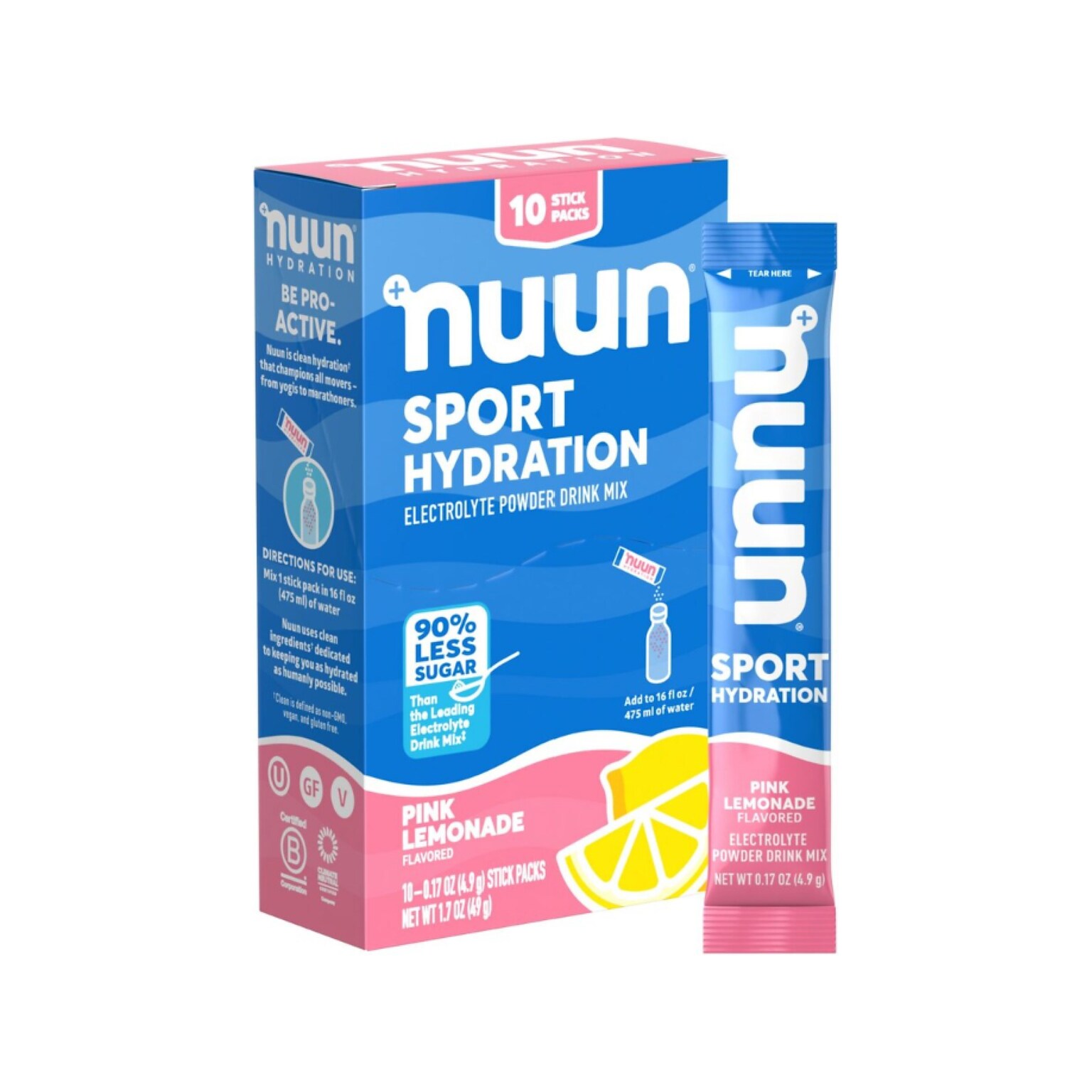 Nuun Sport Hydration Pink Lemonade Electrolyte Powder Drink Mix, 0.17 oz., 10 Packets/Box (12559317)