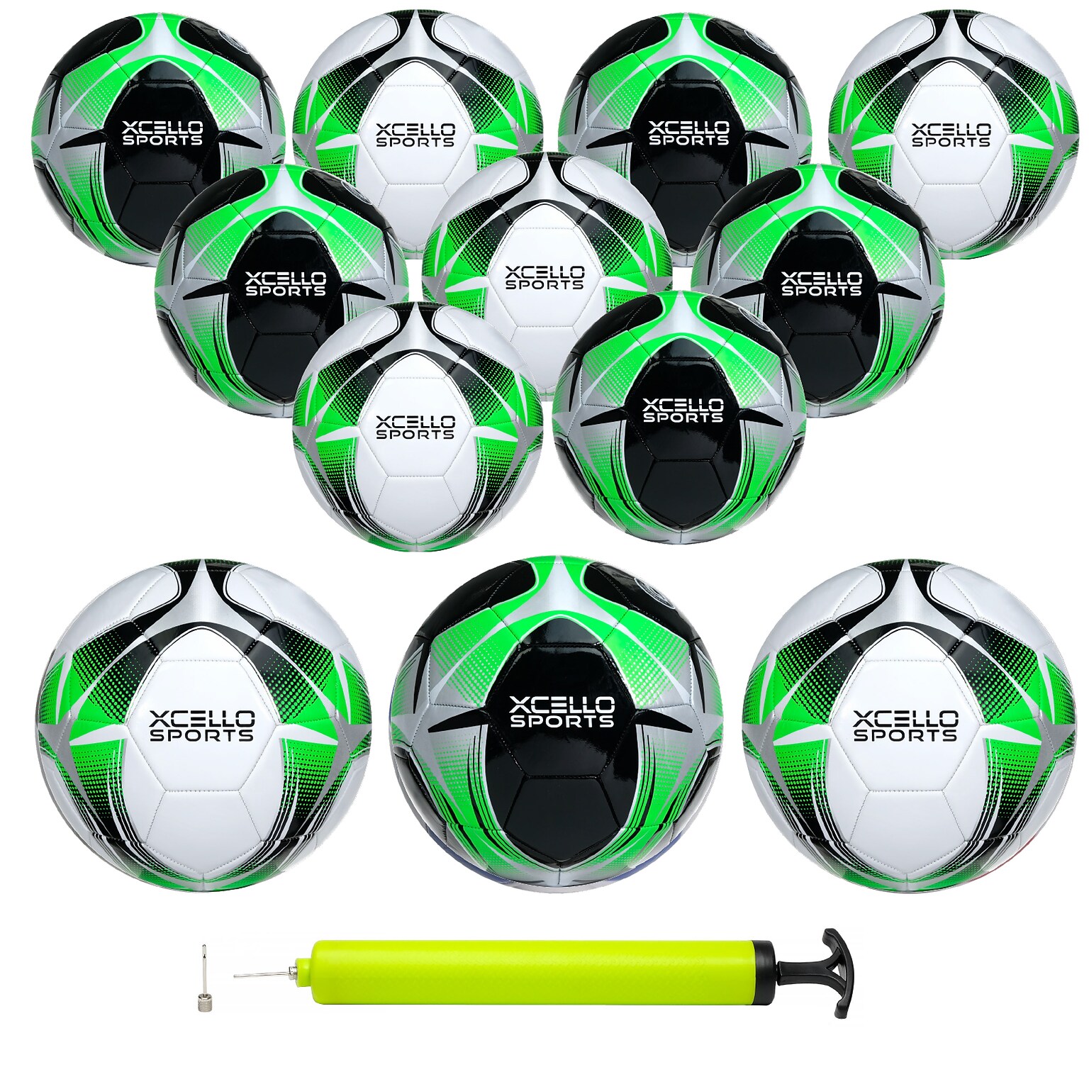 Xcello Sports Size 3 Soccer Balls with Pump, Black/Green/Silver and White/Green/Silver, 12/Pack (SB-S3-12-ASST-7)