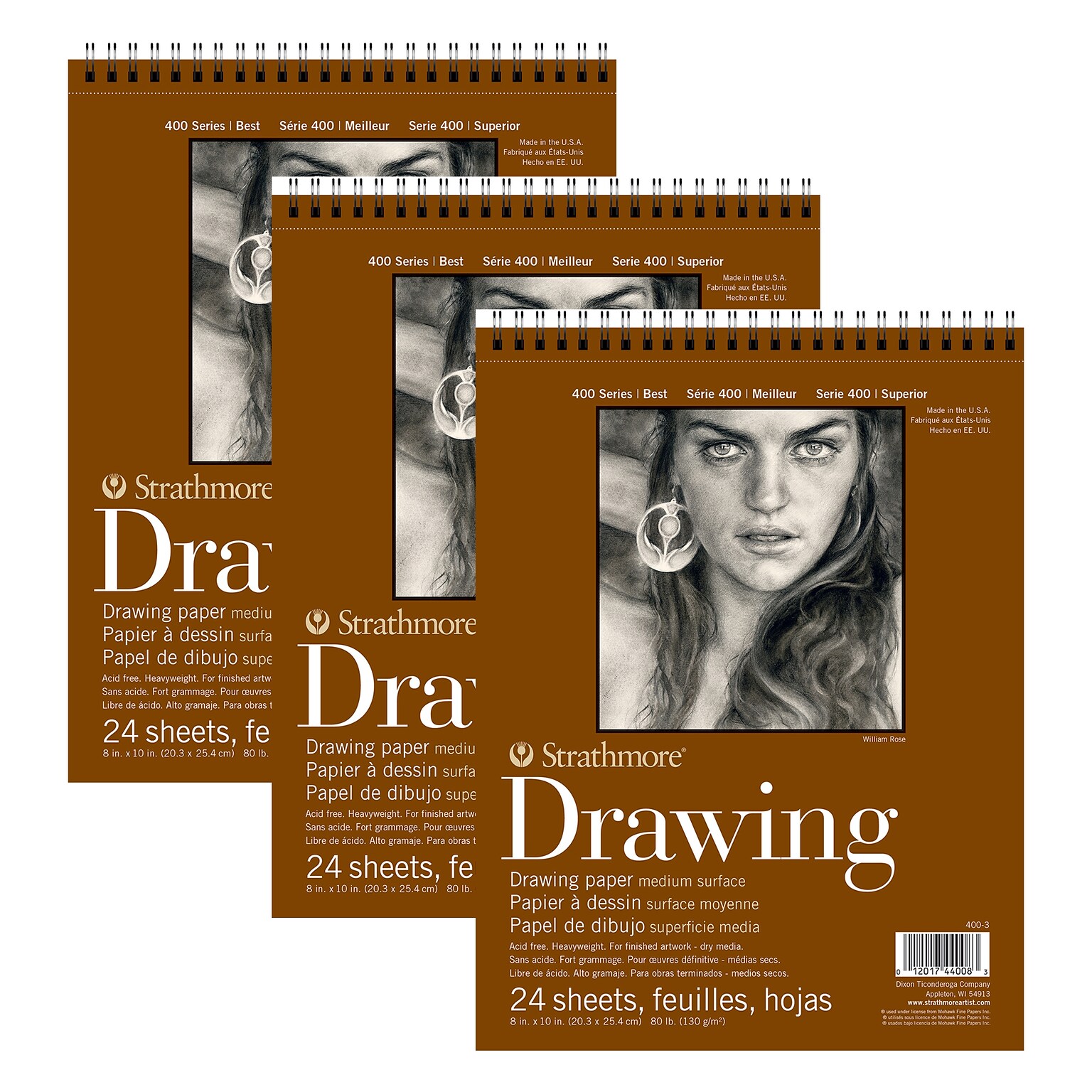 Strathmore 400 Series 8 x 10 Wire Bound Drawing Sketch Pad, 24 Sheets/Pad, 3/Bundle (STTP400306-3)