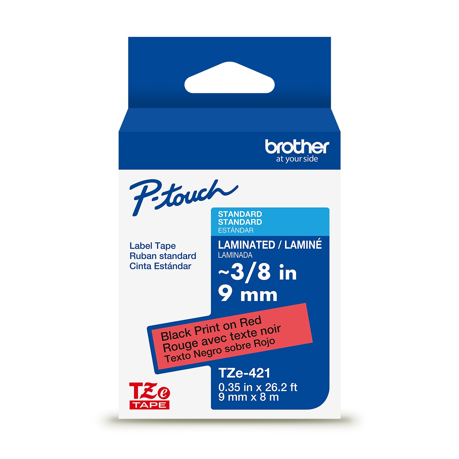 Brother P-touch Laminated Label Tape, ~3/8 x 26.2, Black on Red (TZe421)