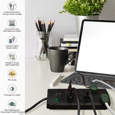 GoGreen Power 8 Outlet Surge Protector, 6' cord, Black (GG-18316BK)