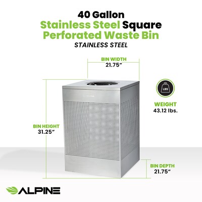 Alpine Industries Stainless Steel Trash Can, 40 Gallon, Silver (ALP438-40-SS-MK)